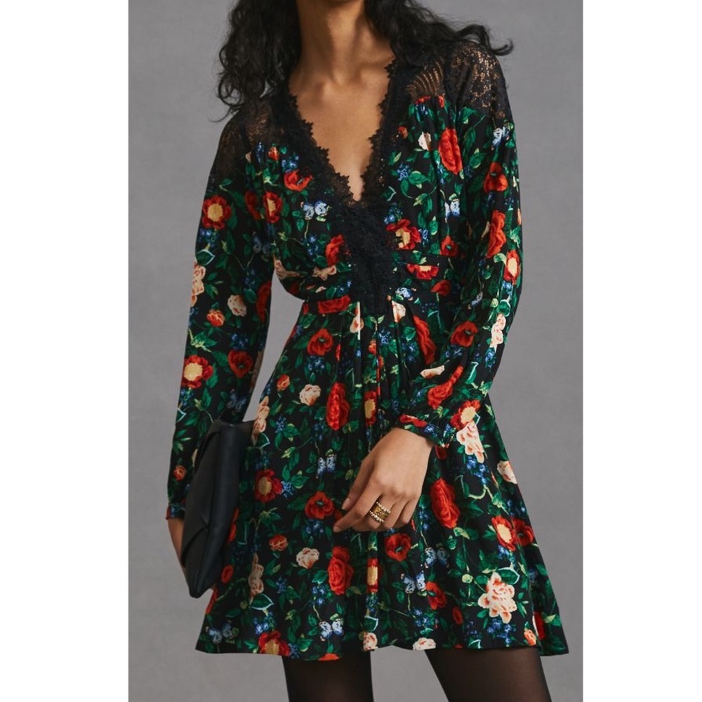 by Anthropologie Lacy V-Neck Mini Dress New Black Floral Size XS 2 ANTHRO Fancy
